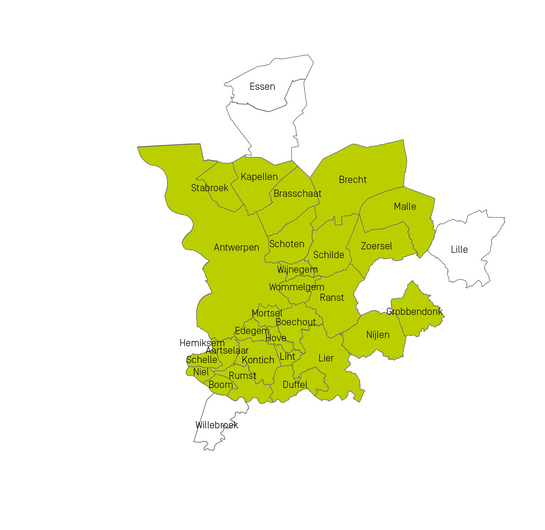 Kaartt van het werkingsgebied van Fluvius Antwerpen voor elektriciteit en aardgas