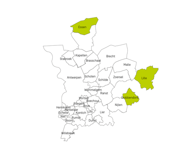 Kaart van het werkingsgebied van Fluvius Antwerpen voor riolering