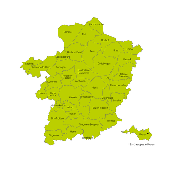Kaart van het werkingsgebied van Fluvius Limburg voor elektriciteit en gas