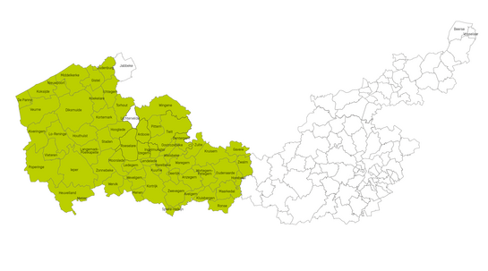 Kaart met het werkingsgebied van Fluvius West voor elektriciteit en aardgas