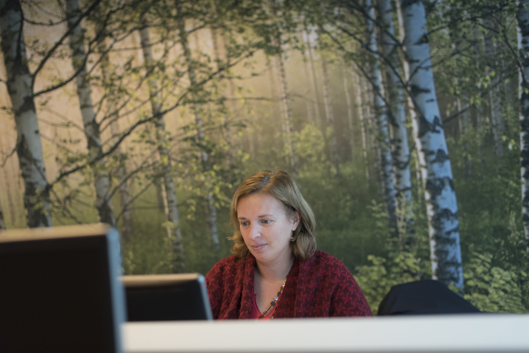 In de toekomst organiseren we onze kantooromgeving fundamenteel anders. Een Fluvius-medewerkster is aan het werk op kantoor, met op de achtergrond een foto vol bomen.