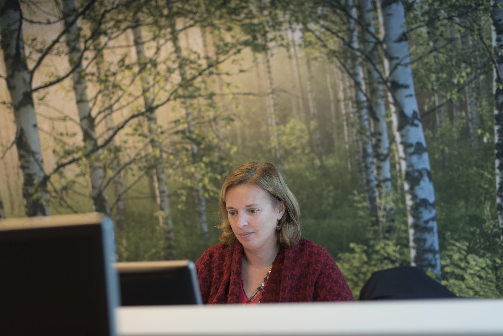 Een Fluvius-medewerkster is aan het werk op kantoor, met op de achtergrond een foto vol bomen.