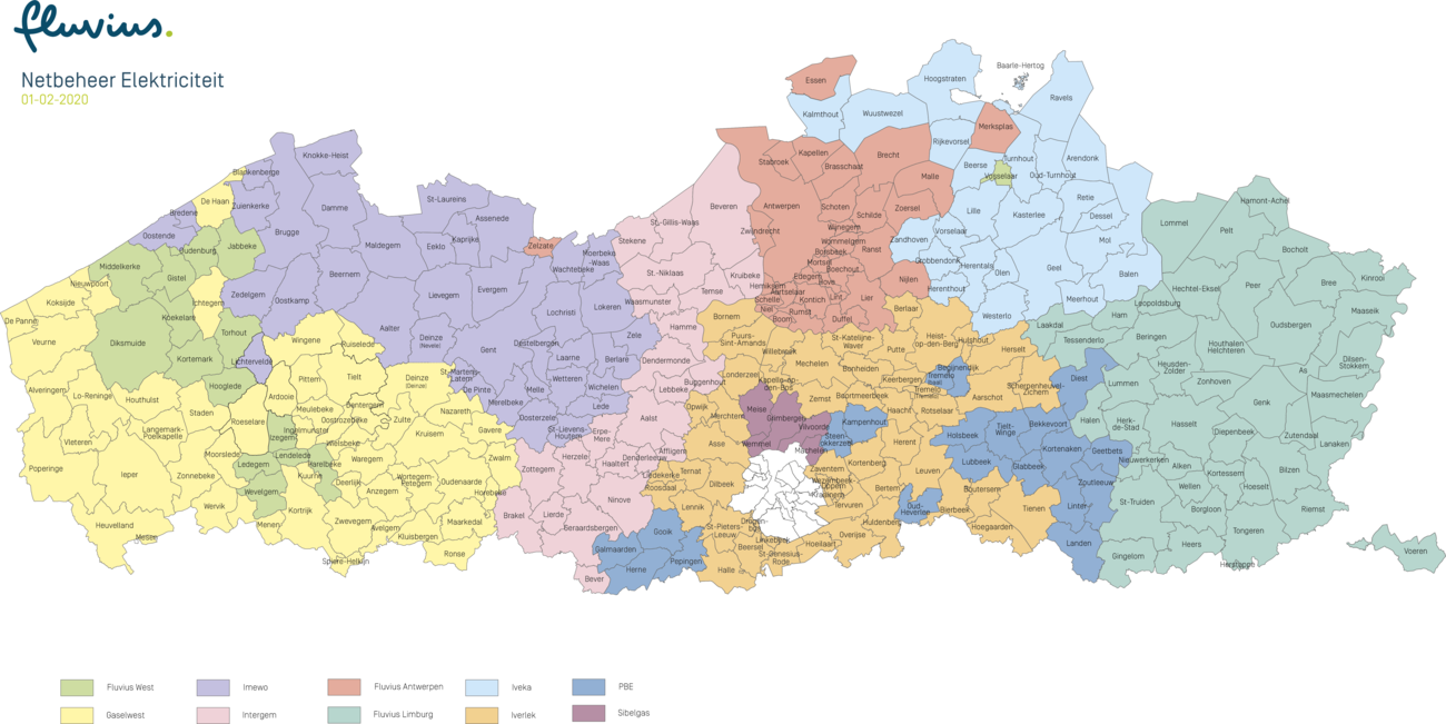 Kaart met de gemeenten van Vlaanderen waar Fluvius het elektriciteitsnet beheert
