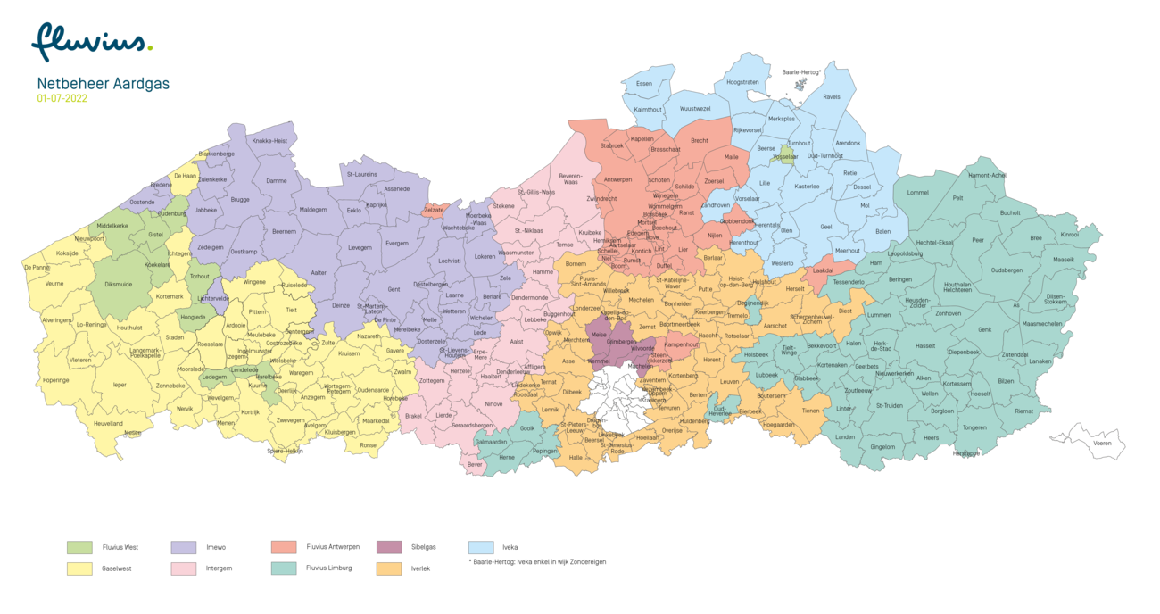Kaart met de gemeenten van Vlaanderen waar Fluvius het aardgasnet beheert