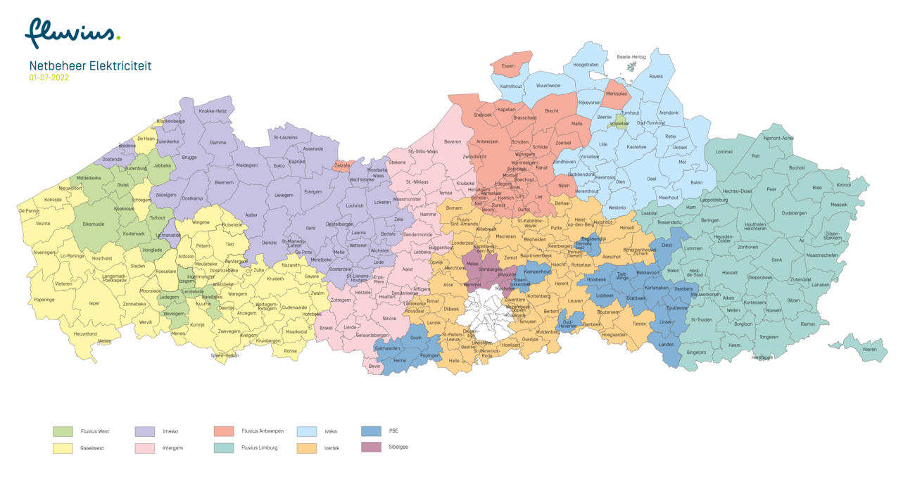 Kaart met de gemeenten van Vlaanderen waar Fluvius het elektriciteitsnet beheert